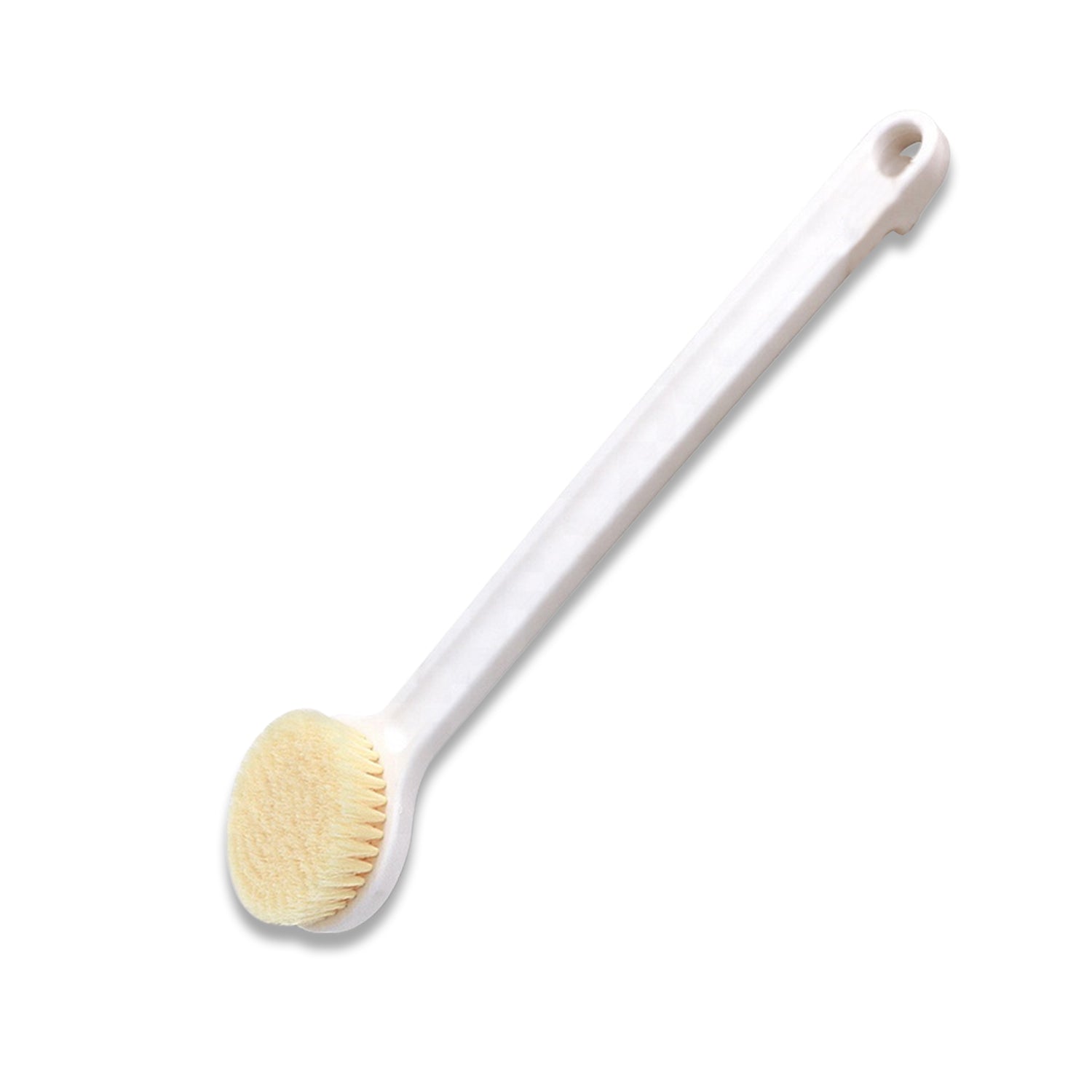 Soft bristle bath brush with long handle for exfoliation. Soft bristle bath brush with long handle for exfoliation.